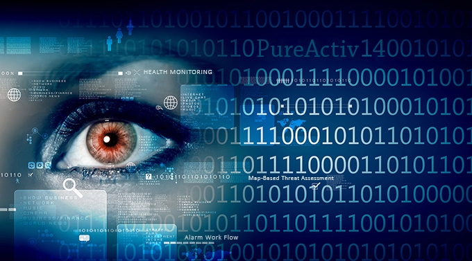 Eye viewing digital information represented by ones and zeros